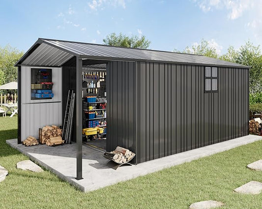 AMERLIFE 10x16.6x7.3 FT Metal Storage Shed with Lounge Area, Sliding Doors, 2 4-Pane Windows & Vents, Outdoor Tool Shed for Garden & Backyard, Heavy-Duty Weather-Resistant Steel, Dark Gray