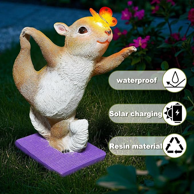 Solar Light Garden Statue Squirrel Figurine, Resin Squirrel Doing Yoga with Lighted Butterfly, Waterproof Spring Outdoor Ornaments for Garden, Front Door, Patio Decor & Gifts for Mother's Day