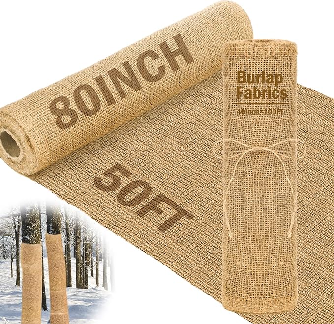 Buryeah 80 Inch x 50 ft Burlap Fabrics Roll Natural Jute Burlap Tree Wraps Protector Winter Frost Plant Blankets Cloth Weed Barrier Fabric Garden Plants for Winter Outdoor Trees Shrubs Party