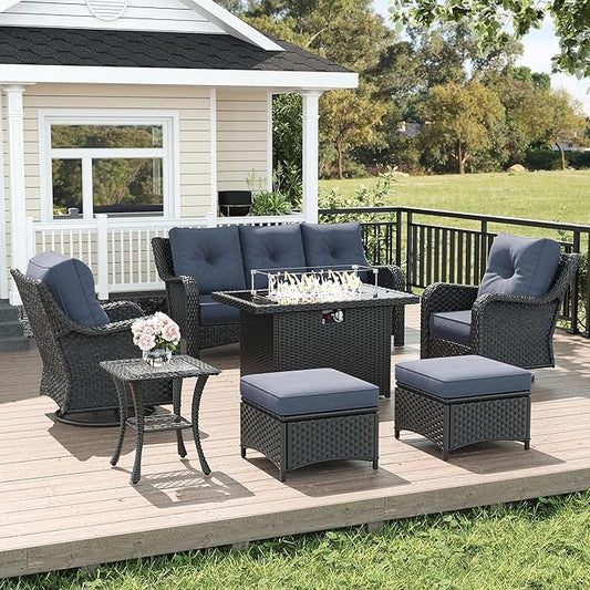 LayinSun 7 Piece Wicker Outdoor Furniture Set with 6-inch Comfy Cushions, High Back Patio Furniture Set with Swivel Rocking Chairs and Fire Pit Table