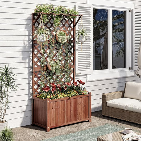 Amerlife 35.4x17.7x72 Inch Raised Garden Bed with Trellis, Wooden Planter Box for Vegetables and Climbing Plants with Drainage Holes