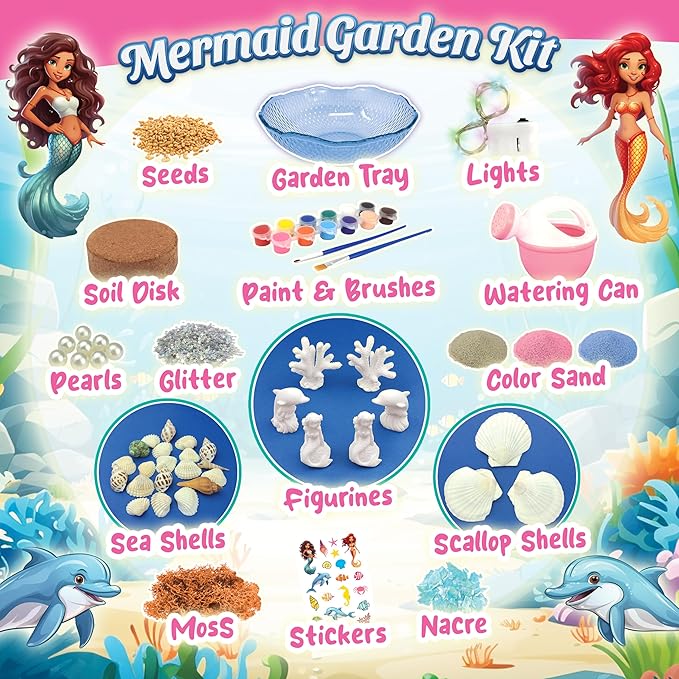 BLOONSY Mermaid Fairy Garden Kit for Kids | Light Up Terrarium Kit | Mermaid Gifts Toys for Girls | Science STEM Arts and Crafts Activities for Little Girls Age 8-12