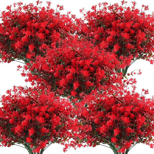 Fake Greenery Boxwood Plant Outdoor Artificial Flowers UV Resistant Fake Boxwood Plastic Plants Greenery Shrubs for Summer Indoor Outdoor Garden Patio Window Box Kitchen Home Decor(Red)