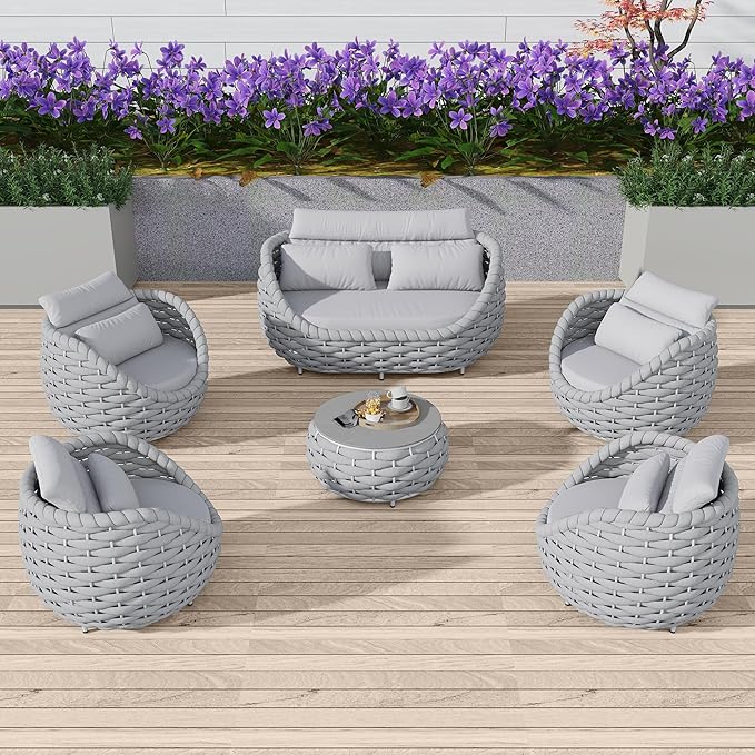 Aluminum Outdoor Patio Furniture Set with Coffee Table, 6 Piece Patio Conversation Sets with Washable Cushions Covers, Patio Sectional Furniture Set for Porch, Balcony, Deck, Yard, Light Grey