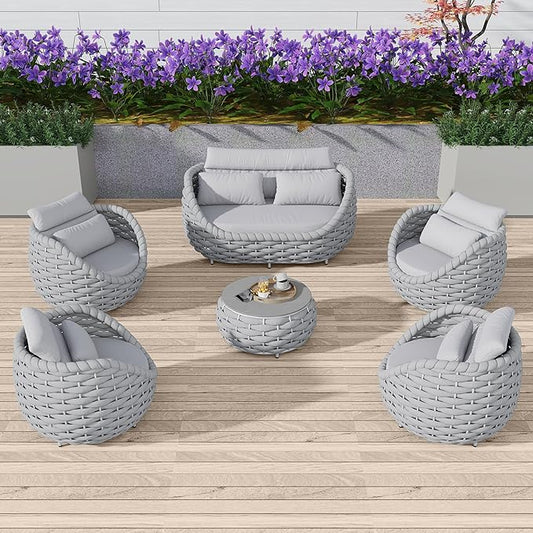 Aluminum Outdoor Patio Furniture Set with Coffee Table, 6 Piece Patio Conversation Sets with Washable Cushions Covers, Patio Sectional Furniture Set for Porch, Balcony, Deck, Yard, Light Grey