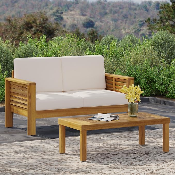 2-Piece Patio Furniture Set: Outdoor Acacia Wood Patio Furniture Set with Loveseat & Coffee Table with Premium Cushions, Durable Conversation Set for Backyard, Garden (2, Brown)