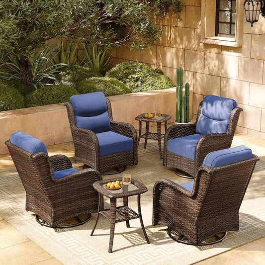 HILLGA Luxury Patio Furniture Set with 6-inch Thick Cushion, Outdoor High Back Swivel Rocker Patio Chairs, 6PCS Wicker Conversation Set for Deck Yard and Poolside, Blue (V2)