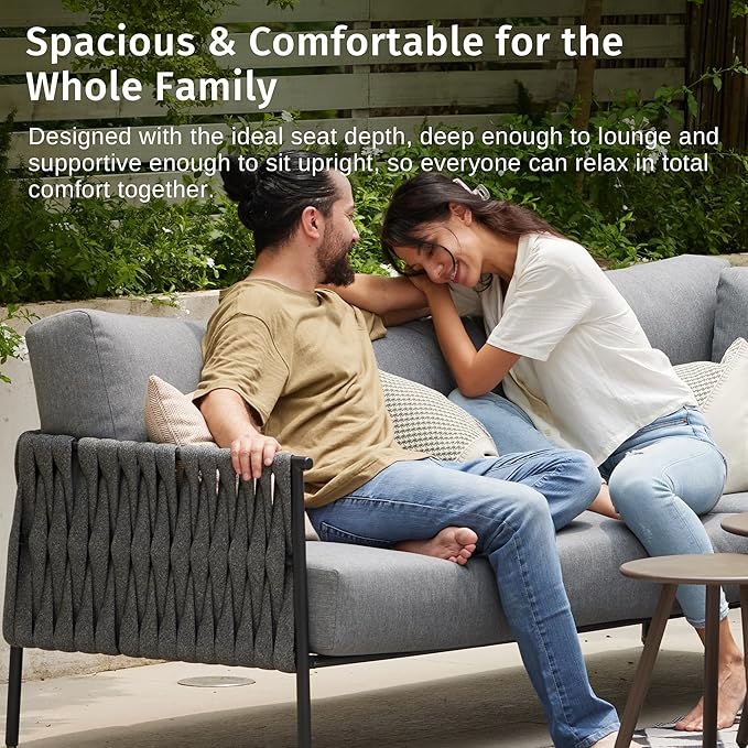 EAST OAK Patio Furniture Set Life Chatter 5-Seat Outdoor Furniture Deep Seating & Two Coffee Tables Waterproof Extra-Thick Cushions Porch, Balcony & Backyard Grey