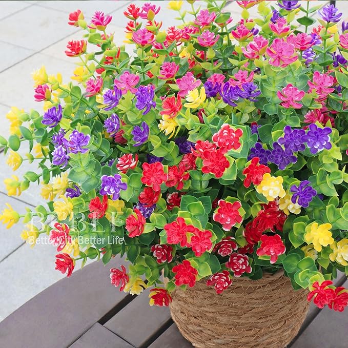 Artificial Flowers for Outdoors, 12 Bundles UV Resistant Realistic Faux Plants for Outside Porch Planter, Spring Summer Home Garden Decoration
