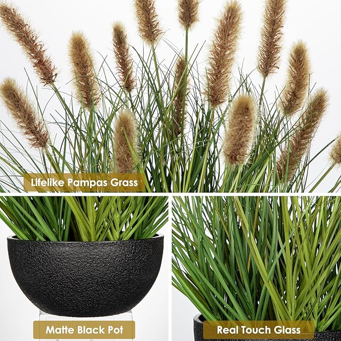 Artificial Plants Indoor with Pot, 17.3" Fake Potted Plants Artificial Onion Grass Plant with Brown Dog Tail Grass Small Faux Plant Indoor for Home Living Room Table Shelf Decor