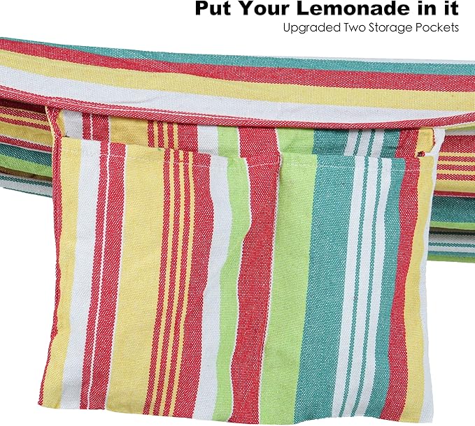 Double Hammock with Stand for Outside, Upgraded Spreader Bar, Heavy Duty Space Saving Steel Stand 2 Person, Side Pockets, Easy Assembly, 600lbs Weight Capacity, Indoor & Outdoor (Salsa Orange)