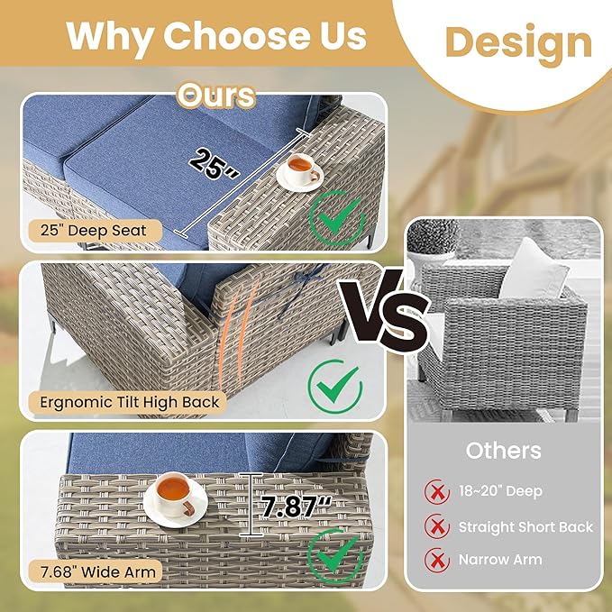 HOOOWOOO Outdoor Sectional Furniture Set with Fire Pit Table,9 Pieces Wicker Patio Conversation Sets,L Shape All Weather Outside Couch Sofa Set with Swivel Chairs Solar Light Table Ottoman,Denim Blue