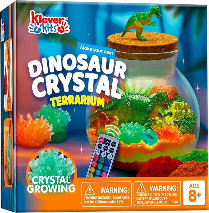 Klever Kits Make Your Own Dinosaur Crystal Terrarium Crafts Kit for Kids-Crystal Growing Science 12 Color LED Night Light Birthday Gifts Toys for Kids