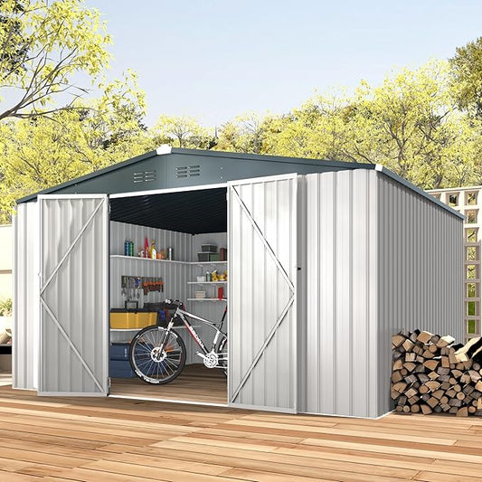 U-MAX 12x10 Storage Shed, Large Metal Outdoor Garden Sheds & Outdoor Storage Clearance, 10x12 Tool Shed Outdoor Storage Lockable for Backyard Outside Use in White