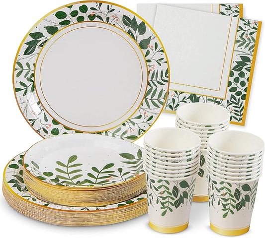 Royal Bluebonnet Greenery Paper Plates and Napkins for Birthday Decorations - Set of 24 Sturdy 400 GSM Sage Green Paper Plates for Mothers Day, Floral Party Supplies for Engagement Party, Baby Shower