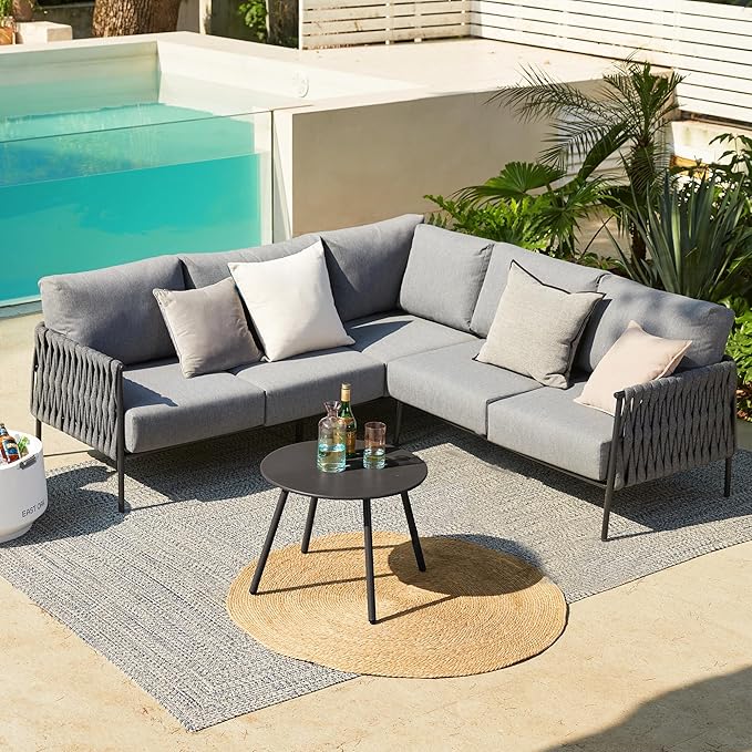 EAST OAK Life Chatter Patio Furniture Set, Outdoor Furniture Corner Sofa Set with Round Coffee Table, 5 Seats Sofa Deep Seating with Thick & Washable Cushions, Earth Black & Misty Grey
