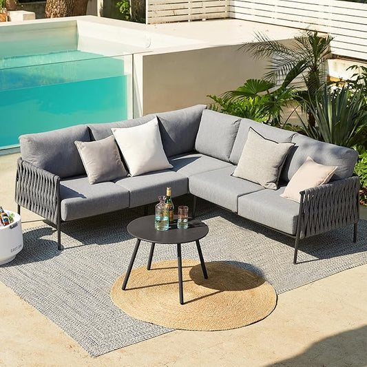 EAST OAK Life Chatter Patio Furniture Set, Outdoor Furniture Corner Sofa Set with Round Coffee Table, 5 Seats Sofa Deep Seating with Thick & Washable Cushions, Earth Black & Misty Grey