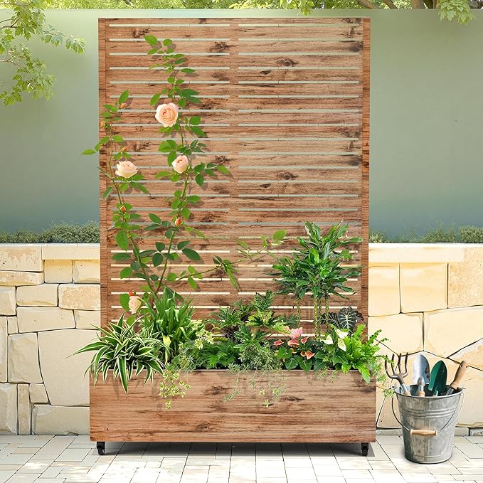Raised Garden Bed with Trellis and Wheels,73"x47"x16" Metal Raised Garden Bed,Brown Wood Finish Metal Planter with Climbing Trellis for Vines & Vegetables