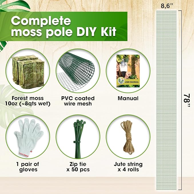 DUSPRO DIY Moss Pole Kit, Metal Moss Pole for Plant Monstera, Pothos, Philodendron, 1pc 8.6’’ x 6.5 ft Wire Moss Pole Mesh with Forest Moss, Cable Zip Ties, Gloves