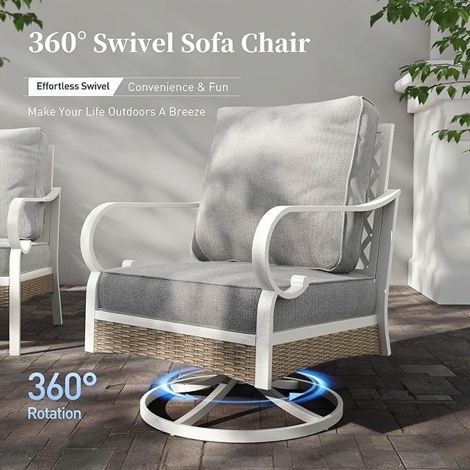 6 Piece Metal Outdoor Patio Furniture Set, Patio Conversation Set 1 3-Seater Couch, 2 Fixed Sofa, 2 Swivel Sofa with 5.75" Thick Cushion and Coffee Table White Backyard Furniture, Gray