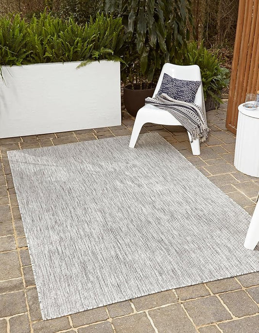 Unique Loom Collection Casual Transitional Solid Heathered Indoor/Outdoor Flatweave Area Rug (10' x 13' Rectangle, Light Gray/Ivory)