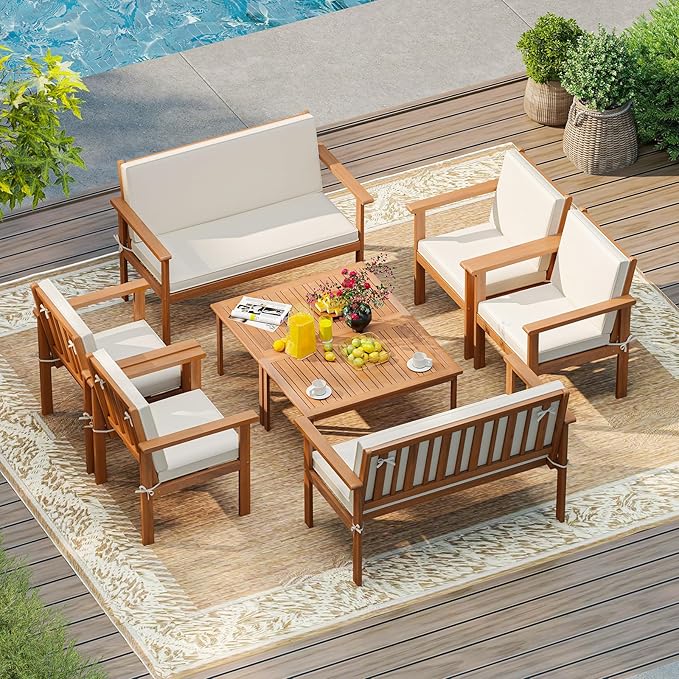 Tangkula Acacia Wood Patio Conversation Set, Outdoor Wooden Cushioned Chairs & Slatted Coffee Table Set,for Backyard, Porch, Balcony, Poolside and Lawn (Off White,2)
