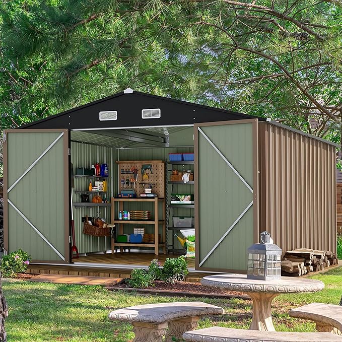 Devoko 8 x 10 FT Outdoor Storage Shed, Metal Garden Sheds & Outdoor Storage Clearance, Large Tool Shed Outdoor with Single Lockable Door for Patio Lawn Backyard (Brown)