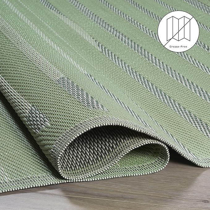 Fab Habitat Striped Outdoor Rug - Waterproof, Fade Resistant, Crease-Free, Reversible - Premium Recycled Plastic - Patio Porch Balcony Deck - Kyoto - Green - 8 x 10 ft