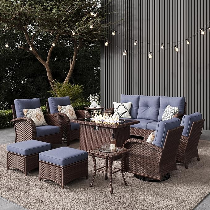 LayinSun 10 Pieces Outdoor Patio Furniture Set with Fire Pit Table, Rattan Wicker Sectional Swivel Rocker Chairs Sets