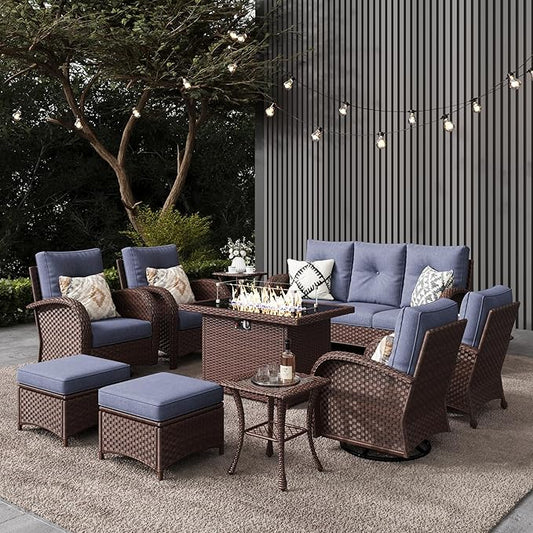LayinSun 10 Pieces Outdoor Patio Furniture Set with Fire Pit Table, Rattan Wicker Sectional Swivel Rocker Chairs Sets