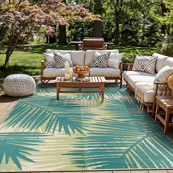 Rugshop Tropical Floral Reversible Foldable Waterproof Premium Recycled Plastic Outdoor Rugs for Patio,Backyard,RV,Deck,Picnic,Trailer,Beach,Camping Rug 9' X 12' Green