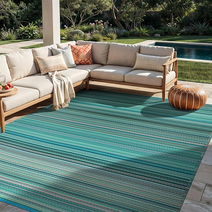 Rugshop Contemporary Stripe Reversible Crease-Free Waterproof Premium Recycled Plastic Outdoor Rugs for Patio,Backyard,RV,Deck,Picnic,Trailer,Beach,Camping Blue 7'10" x 10'