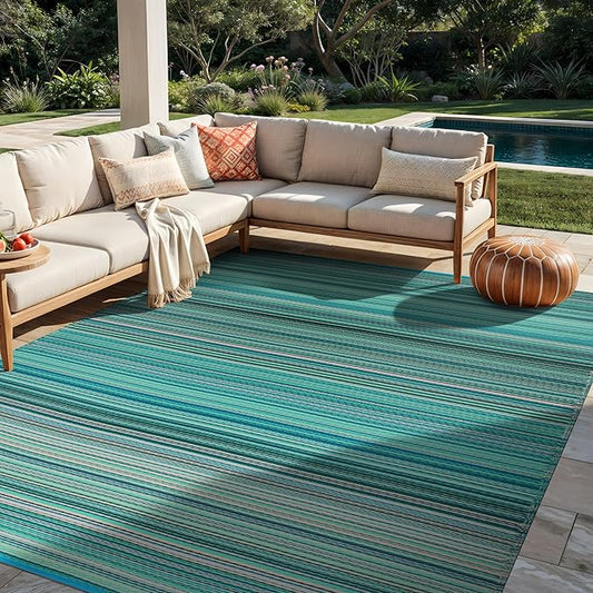 Rugshop Contemporary Stripe Reversible Crease-Free Waterproof Premium Recycled Plastic Outdoor Rugs for Patio,Backyard,RV,Deck,Picnic,Trailer,Beach,Camping Blue 5' x 7'