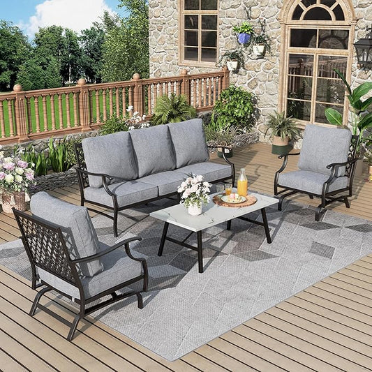 Patio Furniture Set 4 pcs, Outdoor Patio Furniture, 3-Seat Sofa, 2 Rocking Chairs, Metal Coffee Table and 5.75" Extra Thick Cushion, Patio Conversation Set for Garden Backyard Deck,Grey