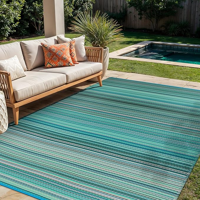 Rugshop Contemporary Stripe Reversible Crease-Free Waterproof Premium Recycled Plastic Outdoor Rugs for Patio,Backyard,RV,Deck,Picnic,Trailer,Beach,Camping Blue 5' x 7'