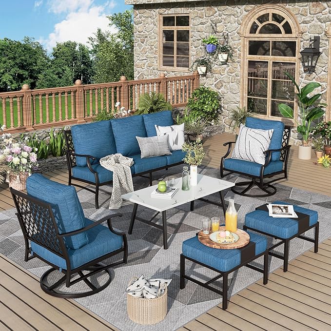 Patio Furniture Set 6 pcs, Outdoor Patio Furniture, 3-Seat Sofa, 2 Swivel Chairs, 2 Ottomans, Coffee Table and 5.75" Extra Thick Cushion, Conversation Set for Backyard Deck, Gemstone Blue