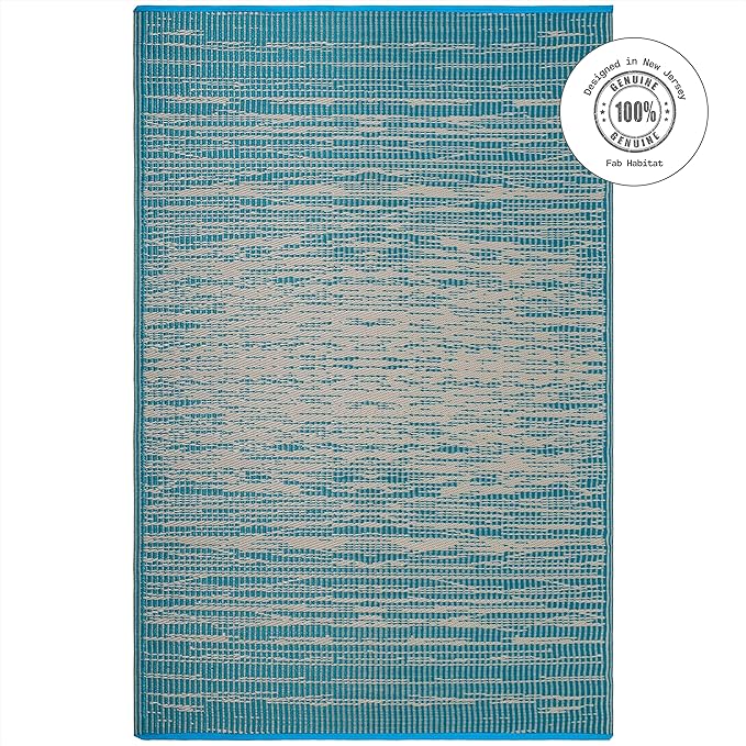 Fab Habitat Outdoor Rug - Waterproof, Fade Resistant, Crease-Free - Premium Recycled Plastic - Distressed Abstract Stripes - Patio, Deck, Porch, Balcony, Laundry Room - Brooklyn - Teal - 4 x 6 ft