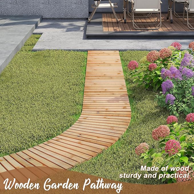 FILWH Wooden Garden Pathway Outdoor Roll-Out Walkway Weather-Resistant Fir Wood Curved or Straight Boardwalk Decorative Garden for Backyard,Beach,Wedding Party Pathways (Natural, 12FT Straight)