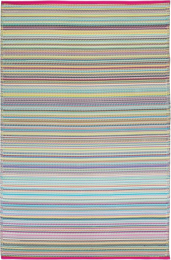 Fab Habitat Striped Outdoor Rug - Waterproof, Fade Resistant, Crease-Free, Reversible - Premium Recycled Plastic - Patio Porch Balcony Deck - Cancun Candy - 8x10 ft