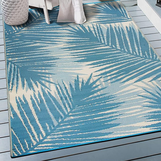 Rugshop Tropical Floral Reversible Crease-Free Waterproof Premium Recycled Plastic Outdoor Rugs for Patio,Backyard,RV,Deck,Picnic,Trailer,Beach,Camping Blue 7'10" x 10'