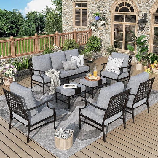 Patio Furniture Set 7 pcs, Outdoor Patio Furniture, 3-Seat Sofa, 4 Single Chairs, 2 Ottomans and 5.75" Extra Thick Cushion, Patio Conversation Set for Garden Backyard Deck,Grey