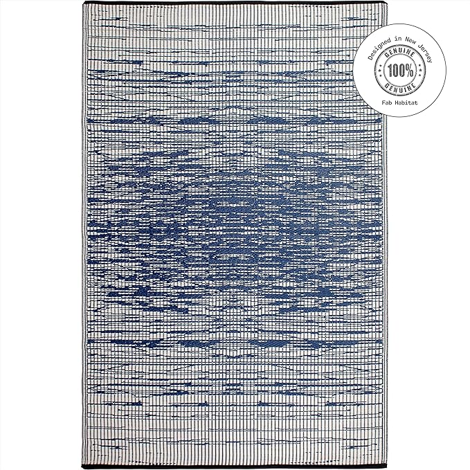 Fab Habitat Abstract Distressed Stripes Outdoor Rug - Waterproof, Fade Resistant, Crease-Free, Reversible - Premium Recycled Plastic - Patio Porch Balcony Deck - Brooklyn Blue - 8x10 ft