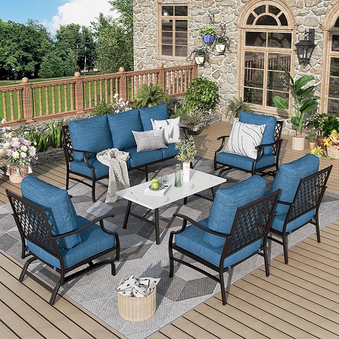 Patio Furniture Set 6 pcs, Outdoor Patio Furniture, 1 X 3-Seat Sofa, 2 X Single Chairs, 2 X Rocker Chairs, 1 X Coffee Table and 5.75" Extra Thick Cushion, Conversation Set,Gemstone Blue