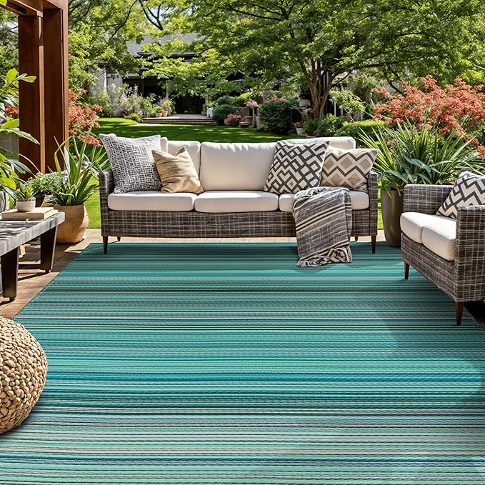 Rugshop Contemporary Stripe Reversible Crease-Free Waterproof Premium Recycled Plastic Outdoor Rugs for Patio,Backyard,RV,Deck,Picnic,Trailer,Beach,Camping Blue 7'10" x 10'