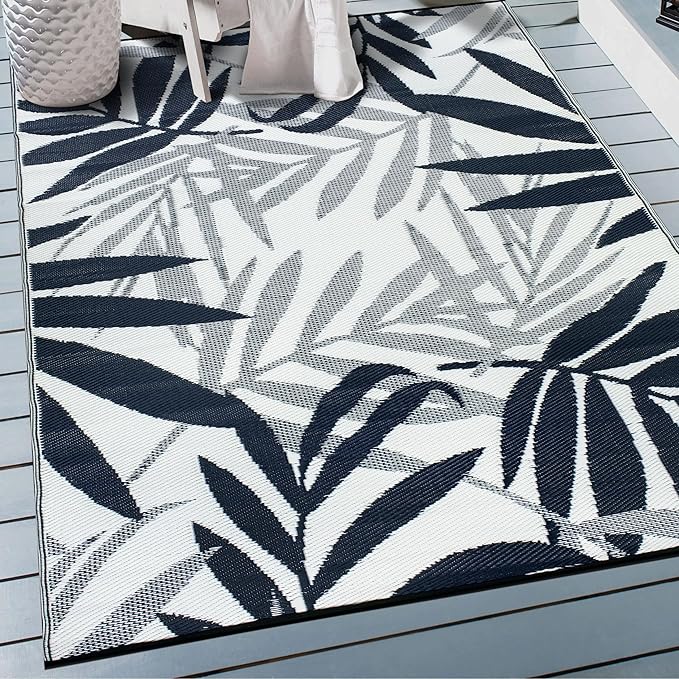 Rugshop Contemporary Floral Leaves Reversible Crease-Free Waterproof Premium Recycled Plastic Outdoor Rugs for Patio,Backyard,RV,Deck,Picnic,Trailer,Beach,Camping,Sunroom Navy 3' x 5'