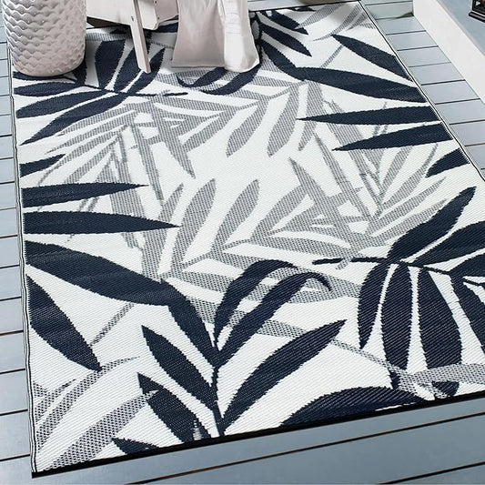 Rugshop Contemporary Floral Leaves Reversible Crease-Free Waterproof Premium Recycled Plastic Outdoor Rugs for Patio,Backyard,RV,Deck,Picnic,Trailer,Beach,Camping,Sunroom Navy 3' x 5'