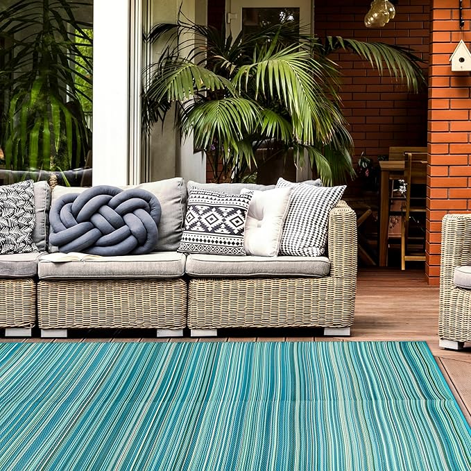 Rugshop Contemporary Stripe Reversible Foldable Waterproof Premium Recycled Plastic Outdoor Rugs for Patio,Backyard,RV,Deck,Picnic,Trailer,Beach,Camping Rug 6' X 9' Blue