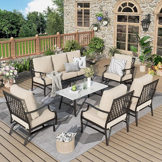 Patio Furniture Set 6 pcs, Outdoor Patio Furniture, 1 X 3-Seat Sofa, 2 X Single Chairs, 2 X Rocker Chairs, 1 X Coffee Table and 5.75" Extra Thick Cushion, Patio Conversation Set,Beige