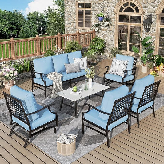 Patio Furniture Set 6 pcs, Outdoor Patio Furniture, 1 X 3-Seat Sofa, 2 X Single Chairs, 2 X Rocker Chairs, 1 X Coffee Table and 5.75" Extra Thick Cushion, Patio Conversation Set,Blue