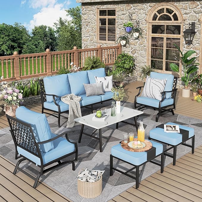 Patio Furniture Set 6 pcs, Outdoor Patio Furniture, 3-Seat Sofa, 2 Rocking Chairs, 2 Ottomans, Coffee Table and 5.75" Extra Thick Cushion, Patio Conversation Set for Backyard Deck,Blue